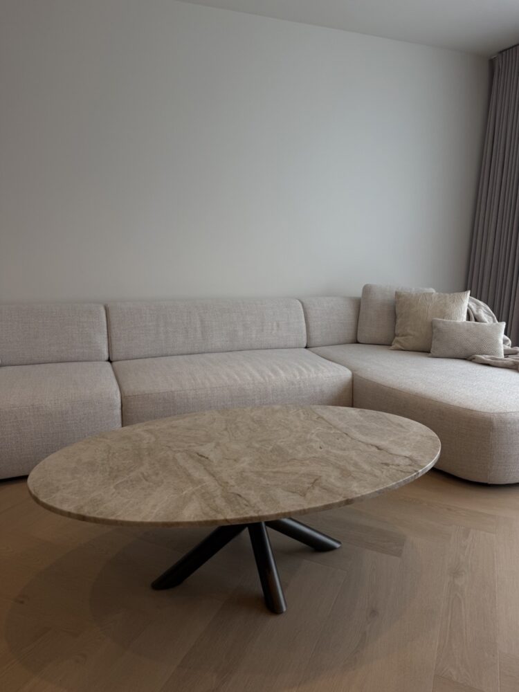 Ovale Taj Mahal kwartsiet salontafel met beige natuurstenen blad en donker onderstel